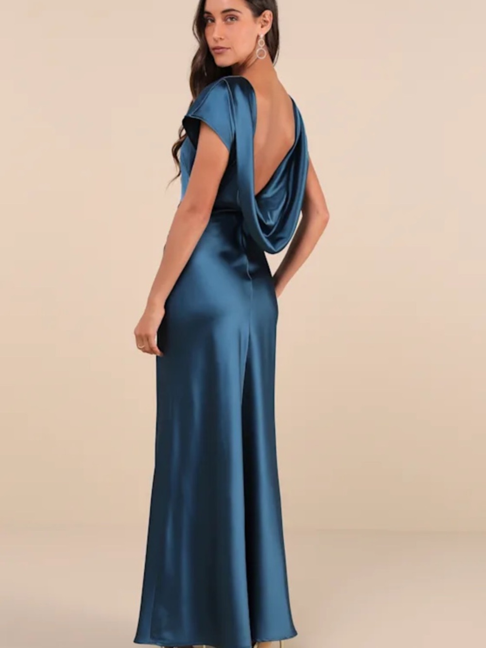 Lulu's Teal Satin Cowl-Back Evening Gown